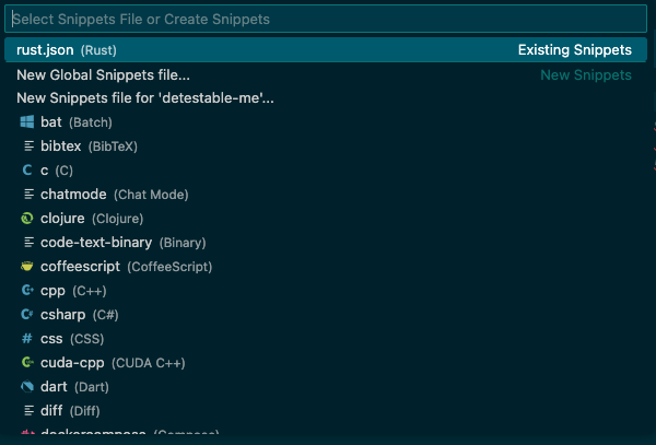 VS Code configure user snippets
